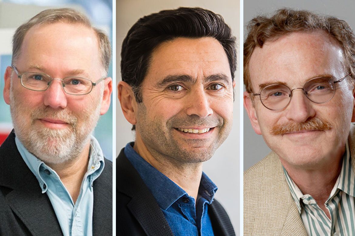 Triptych featuring head-and-shoulders photos of UCLA alumni Nobel winners Fred Ramsdell, Ardem Patapoutian and Randy Schekman