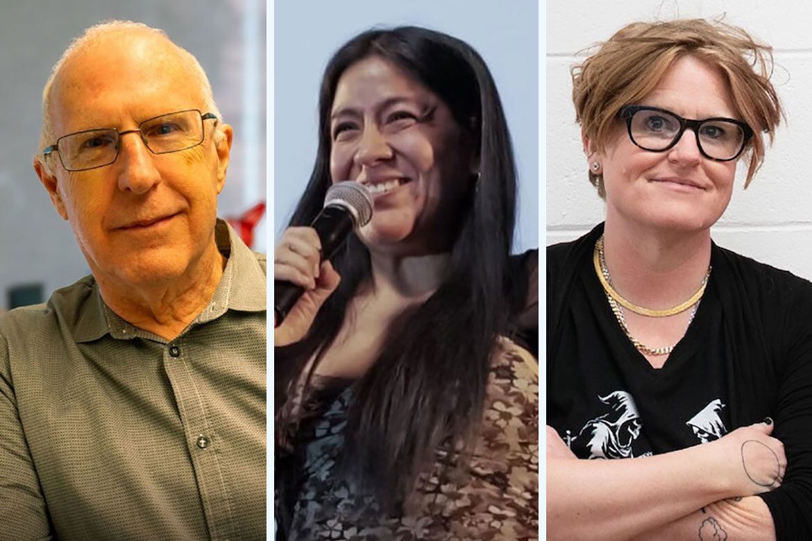 Headshots of three people side by side: Ray Knapp, Maria Chávez speaking into a microphone, and Jenny Olivia Johnson with arms crossed.