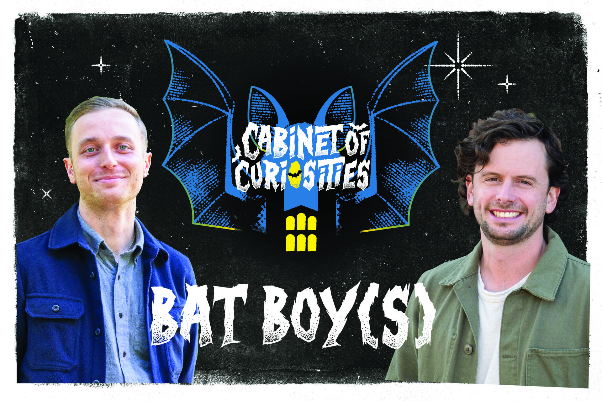 Promotional image for the "Cabinet of Curiosities" podcast episode "Bat Boy(s)," featuring two smiling people — Joey Curti and Aaron Lemle —flanking an illustrated bat logo on a dark background.