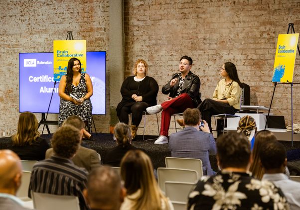 UCLA Extension alumnus William Samayoa, second from right, joins other alumni in a panel discussion at the Bruin Collaborative on the benefits of continuing education.