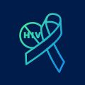 Teal icon of a ribbon with 'HIV' text, representing HIV awareness, on a dark blue background.