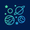 Teal icon of planets and stars, representing space or astronomy, on a dark blue background.