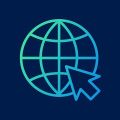 Teal icon of a globe with a cursor arrow on a dark blue background.