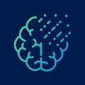 Teal icon of a brain with pixelated fragments dispersing from it, suggesting neurological disease or cognitive decline, on a dark blue background.