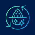 Teal icon of a water droplet with a recycling arrow cycle around it, representing water purification, on a dark blue background.