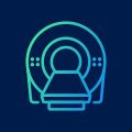 Teal icon of an MRI scanner machine on a dark blue background.