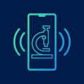 Teal icon of a smartphone displaying a microscope, with signal waves, representing mobile health or diagnostic technology, on a dark blue background.