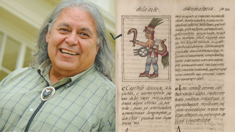 Composite image of Paul Apodaca and a page from the Florentine Codex, a historical manuscript featuring an illustrated Indigenous figure in ceremonial dress with Spanish text.