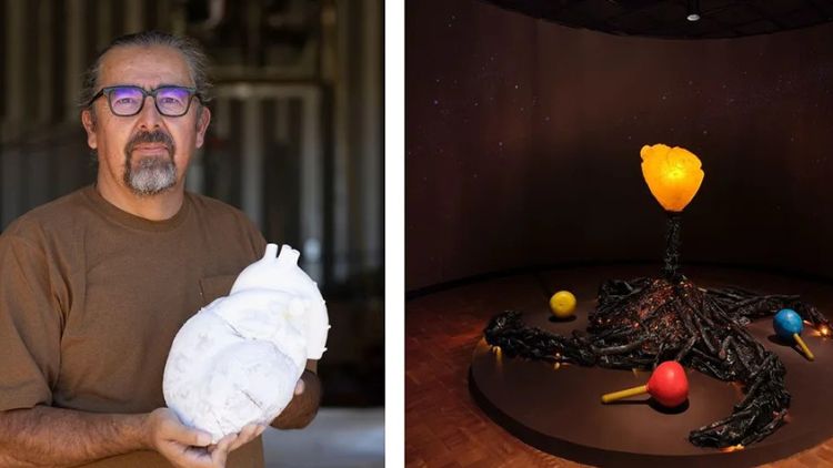 Side-by-side images of Cahuilla artist Gerald Clarke holding a white sculptural heart, and a dark gallery installation featuring a glowing yellow form rising above scattered dark roots with colorful orbs, for an Earth Day event.