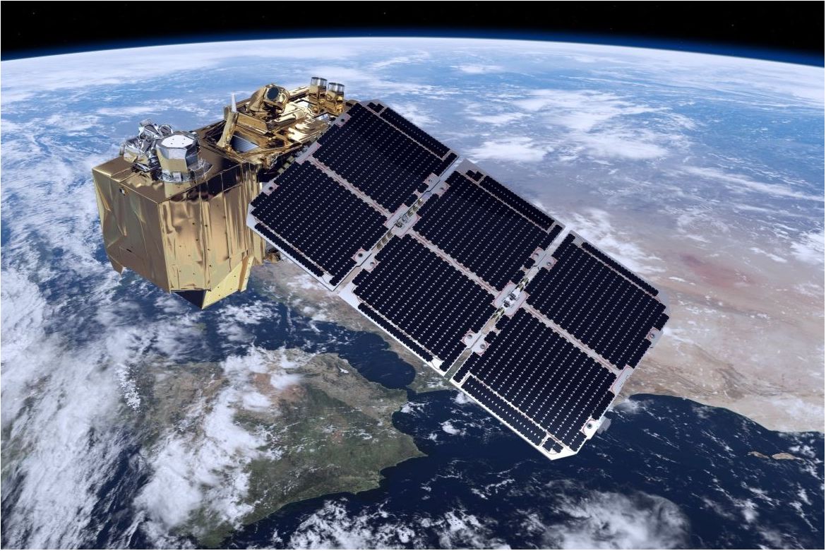 A computer rendering of the Sentinel-2 satellite orbiting Earth. The satellite features a gold-colored main body with instruments on top and two large rectangular solar panels covered in dark photovoltaic cells.