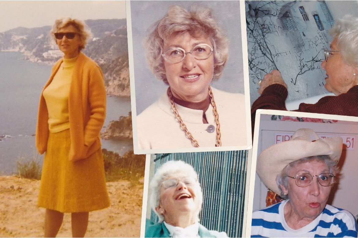 Five-photo collage of Gertrude Pomish, clockwise from left, in yellow skirt and sweater, headshot, side profile, wearing a hat, and laughing