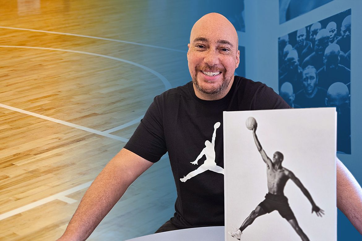 Composite of Adam Bradley in black T-shirt with Air Jordan logo, black-and-white photo of Michael Jordan in the Jumpman pose and basketball court in background