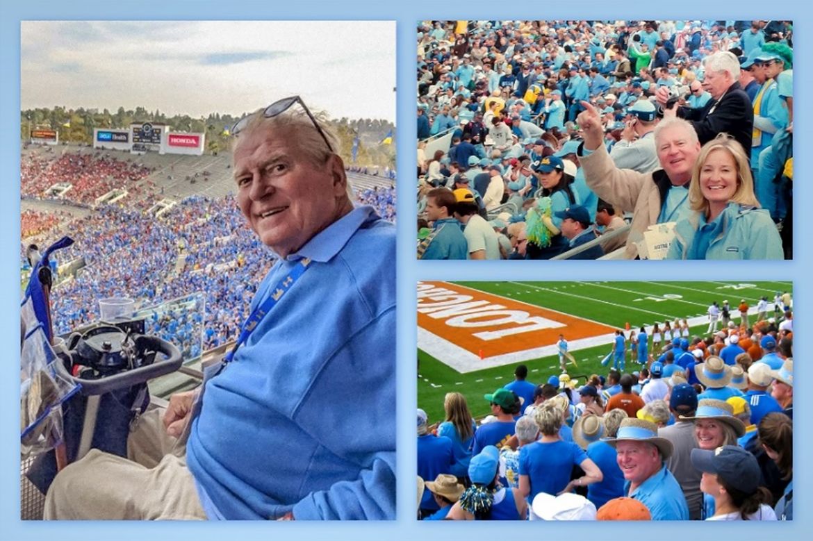 Composite of Larry Layne at the Rose Bowl and two photos of Layne and Sheelagh Boyd in the stands 