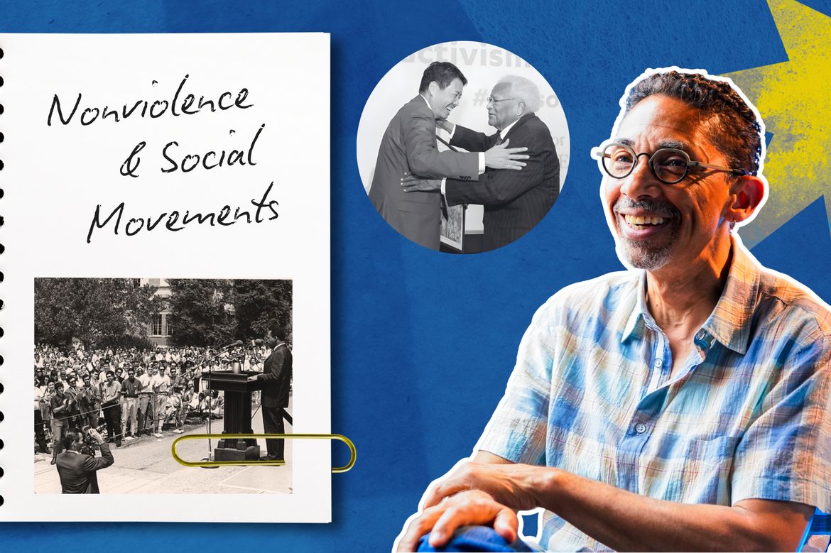 UCLA historian Robin D.G. Kelley smiles beside a notebook titled 'Nonviolence & Social Movements' and archival photos, against a blue background.