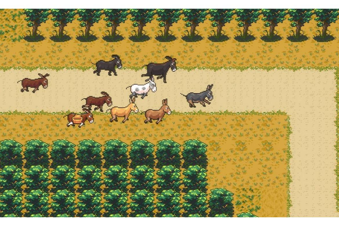 Video game screenshot showing nine donkeys running along path between green trees