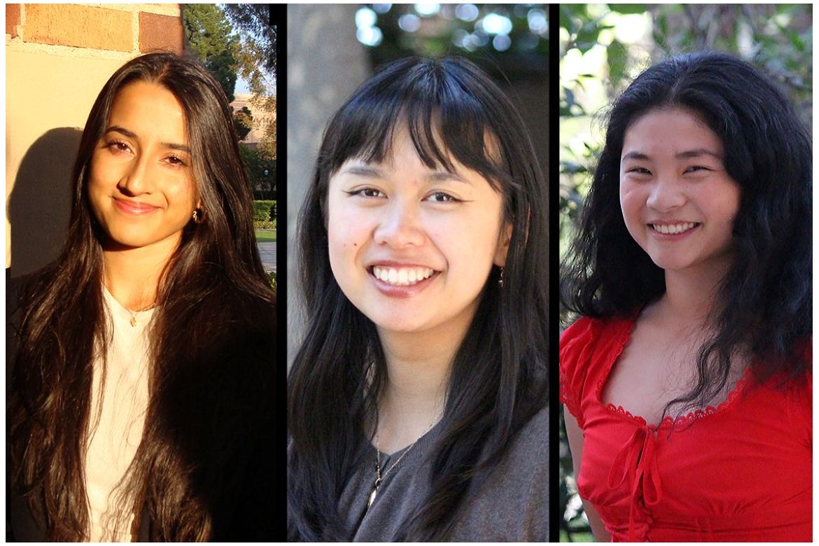 Portraits of three smiling UCLA students. From left: Tanvi Mahajani with long dark hair in a light top; Tiana Hoang with dark bangs in a gray top; and Fiona Xie with short dark hair in a red top.