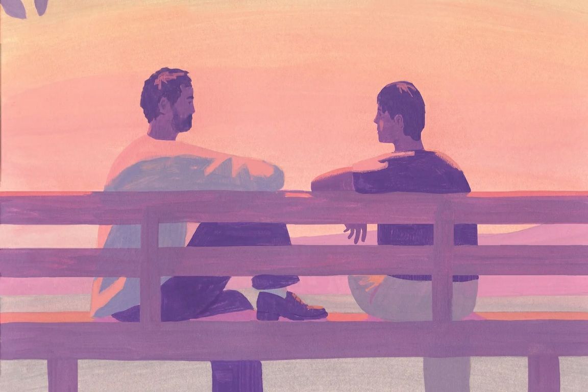 An illustration in warm pink, orange, and purple tones depicting two people sitting on a wooden bench facing each other in conversation, set against a soft sunset background.