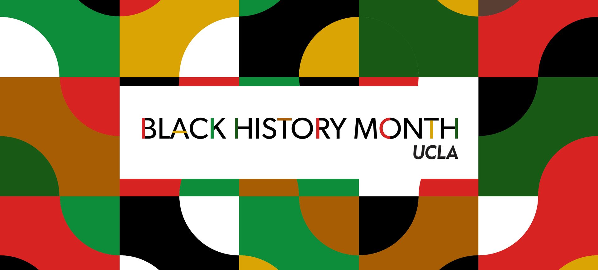  Black History Month graphic featuring colorful text on a white banner, surrounded by a bold geometric pattern in red, black, green, gold, and white.