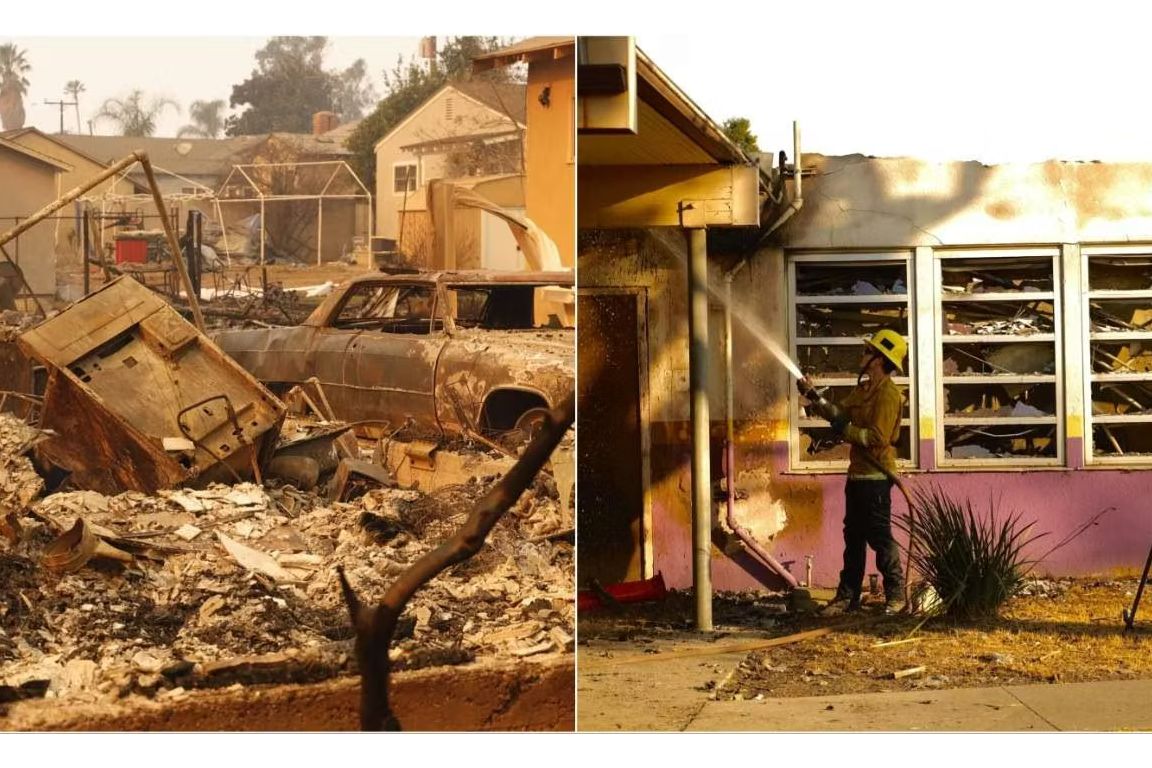 Two side-by-side wildfire destruction images: burned ruins of a home and vehicle on the left, and a firefighter hosing down a damaged building on the right.