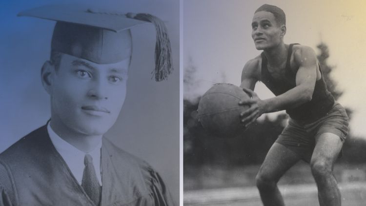 Two historical photos from the Ralph J. Bunche Papers collection: a graduation portrait on the left and an action photo of Bunche playing basketball on the right.