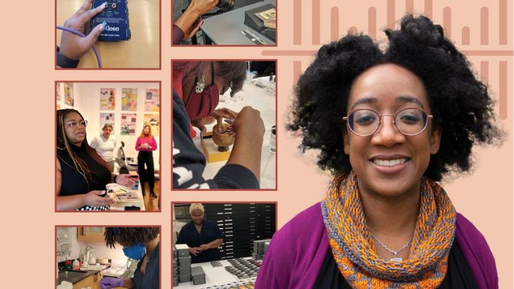 A collage featuring a portrait of a smiling woman alongside smaller images of people engaged in archival and museum work.