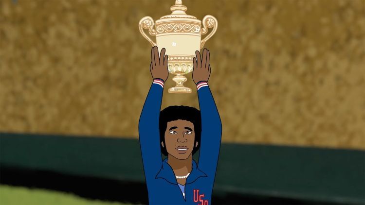 An animated illustration of Arthur Ashe raising a trophy overhead, depicting his 1975 Wimbledon victory.