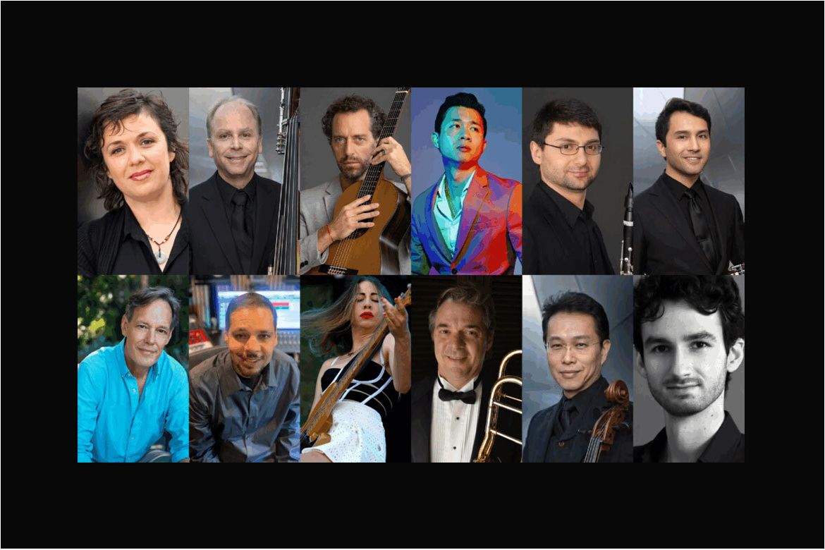 A grid of twelve portrait photos of musicians and performers, shown with their instruments, including guitar, bass trombone and cello.