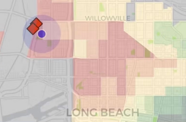 Map shows fumigation facilities (red diamonds) in Long Beach area and proximity to local school (purple dot); blue circle is 1000 meter buffer, and shading corresponds to most overburdened areas based on CalEnviroScreen 4.0 scores.