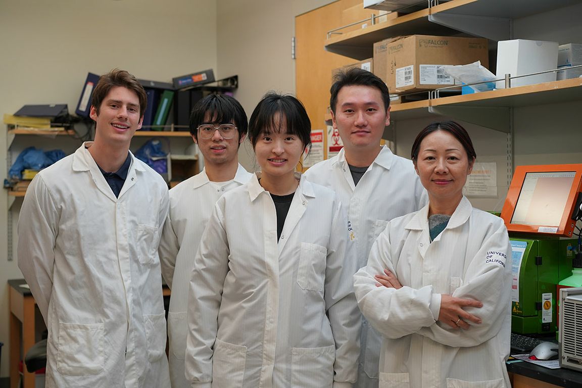 UCLA Broad Stem Cell Research Center team members Tyler Halladay, Yichen Zhu, Yuning Chen, Yanruide (Charlie) Li, and Lili Yang posing together in white lab coats.