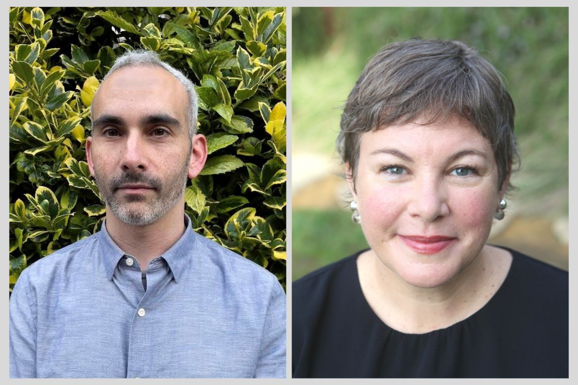 Side-by-side portraits of Michael Wellen, newly named chief curator of the Hammer Museum, photographed outdoors against greenery, and Regan Pro, newly named chief of learning, engagement and research, photographed outdoors in a black top.