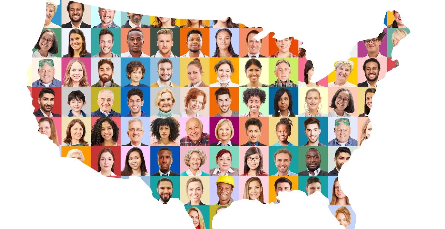 An illustration of the United States map filled with a colorful collage of portrait photos representing a diverse array of people of different ages, ethnicities, and backgrounds.