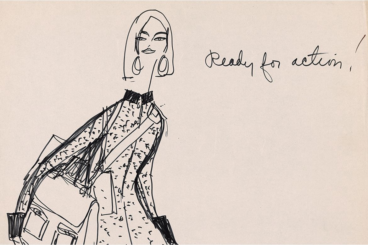 A 1964 pencil sketch from UCLA Library Special Collections showing a fashion illustration of a woman carrying the Cashin Carry handbag design for Coach, with the handwritten note 'Ready for action!' beside the figure.