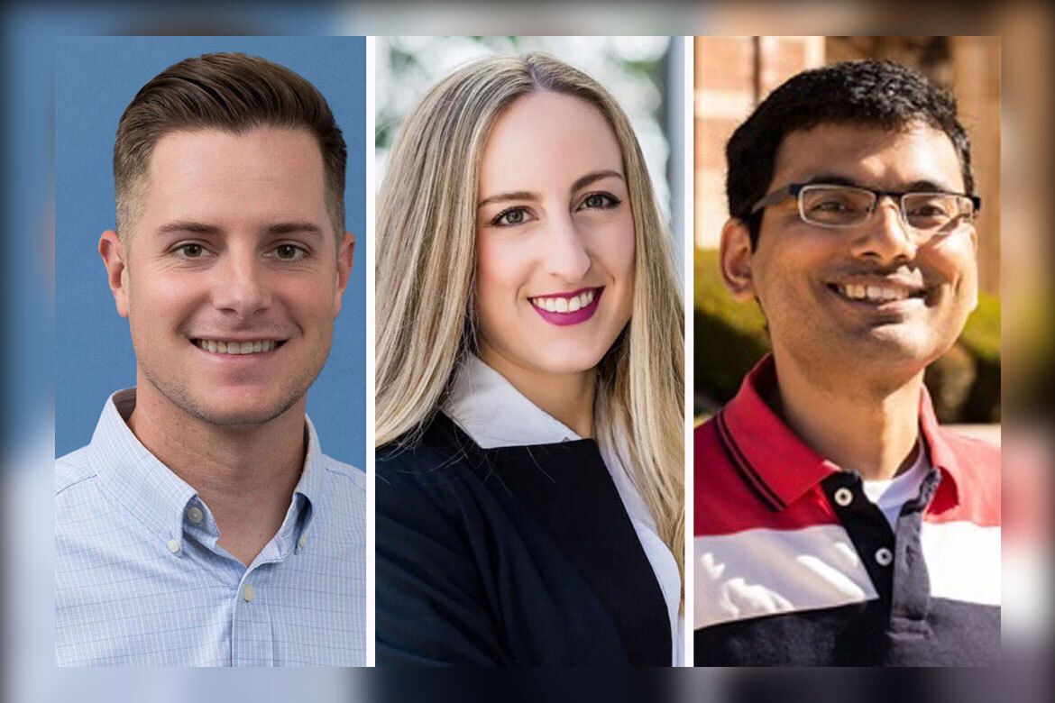 Portraits of three UCLA faculty members, from left: David Clewett, assistant professor of psychology; Juliana Londono-Velez, assistant professor of economics; and Pradip Gatkine, assistant professor of physics and astronomy.
