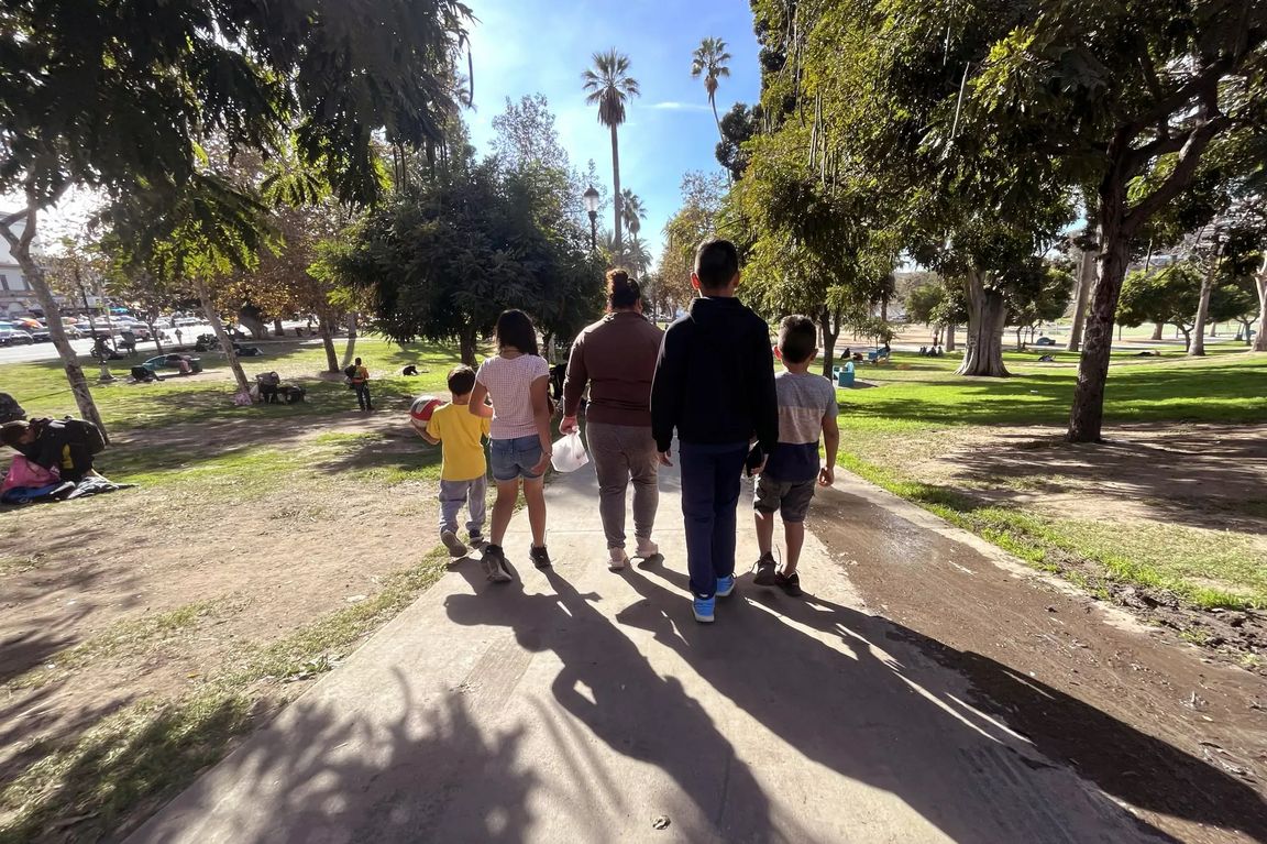 A family of adults and children walking away from the camera along a sunny park path lined with trees and palm trees.