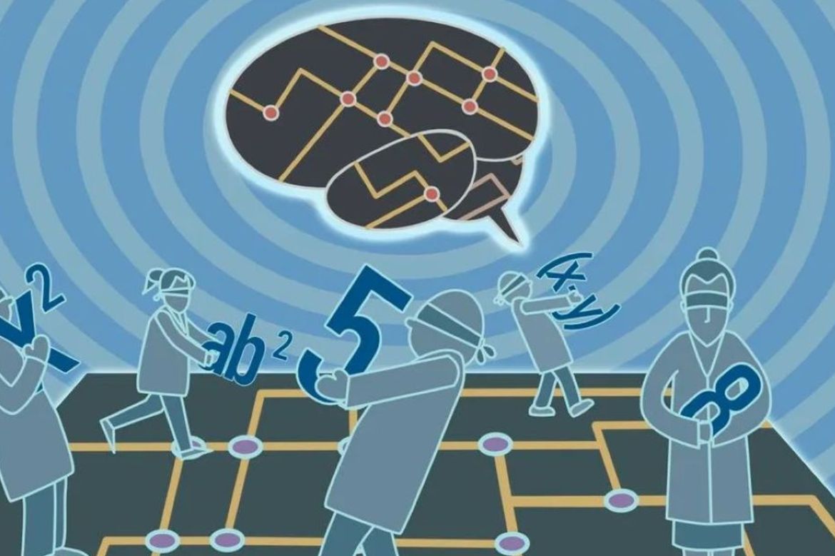 An illustration of a glowing brain shaped like a speech bubble with circuit-like patterns, floating above a group of illustrated figures handling mathematical symbols and numbers on a grid-like floor, set against a blue rippling background.