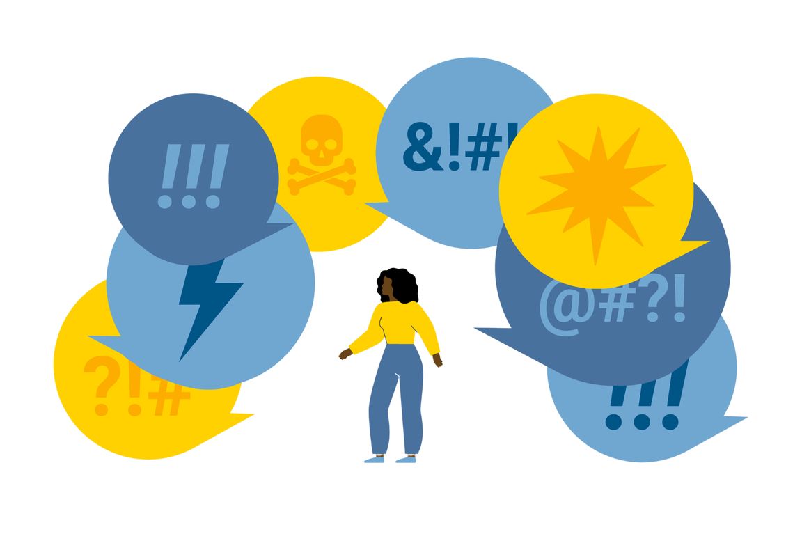 An illustration of a woman walking, surrounded by large blue and yellow speech bubbles containing symbols representing angry, toxic, or profane language.