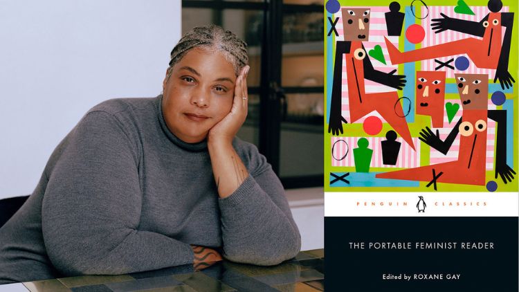 uthor Roxane Gay rests her chin on her hand in a portrait photo alongside the colorful cover of her Penguin Classics anthology "The Portable Feminist Reader."