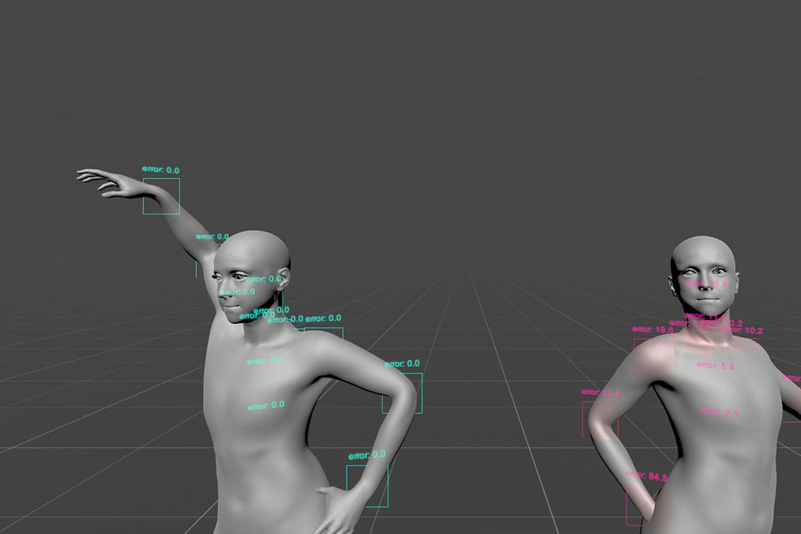 Two gray digital human figures stand in a 3D grid, one with an arm raised and the other with a hand on their hip. Colored motion-capture markers and labels map their bodies to show tracked movement data.
