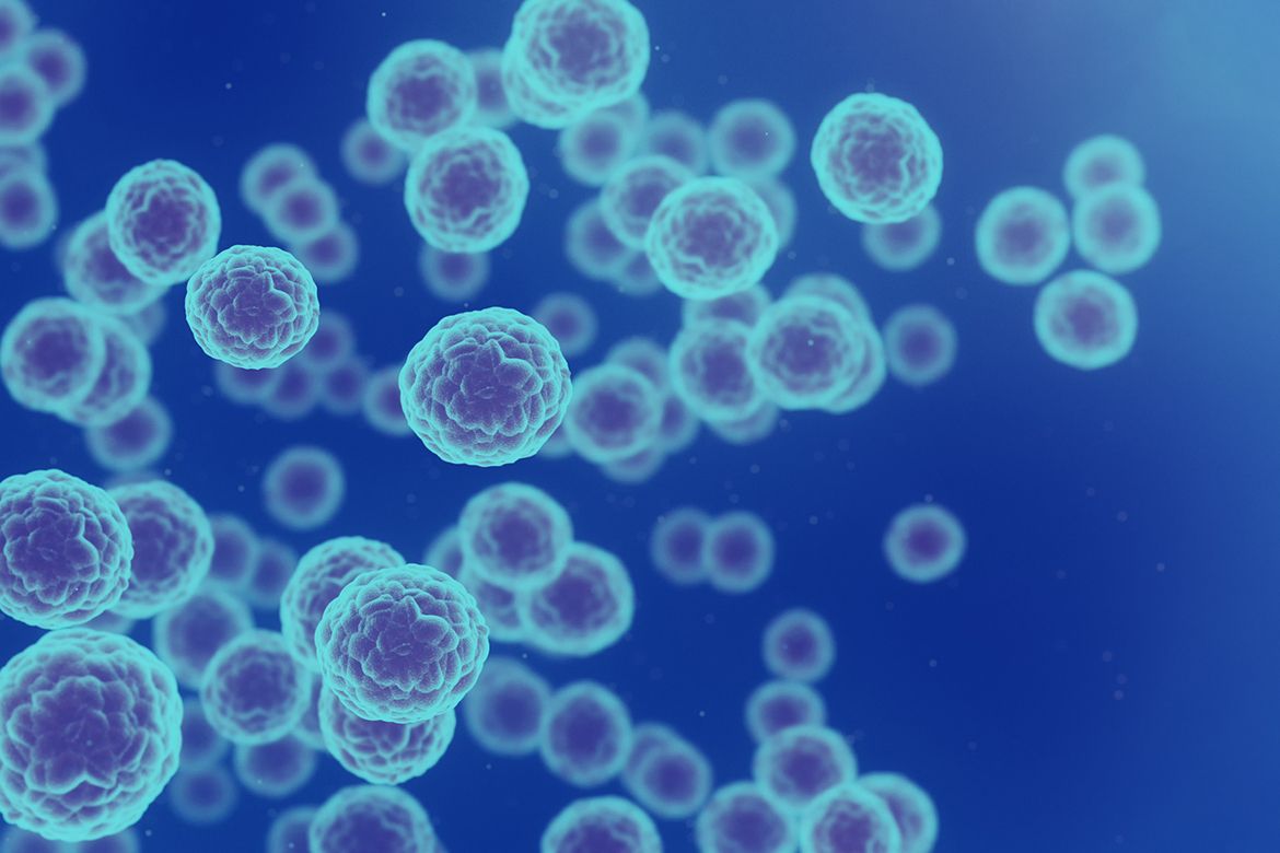 Cancer Cell Color In Photo | A digital illustration of cancer cells depicted as glowing teal ...