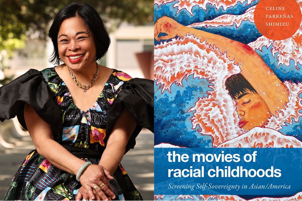Celine Parreñas Shimizu sits with hands crossed on knee and split-screen with illustrated book cover for “The Movies of Racial Childhoods.”