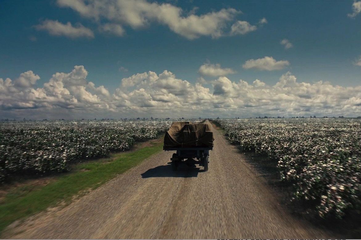 A horse-drawn wagon travels down a dirt road through vast cotton fields under a dramatic cloudy sky in a scene from "Sinners."