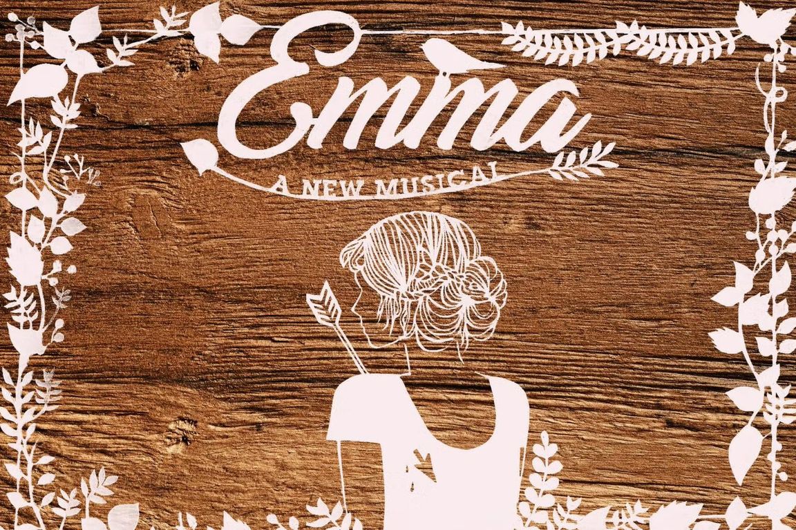 Promotional graphic for "Emma: A New Musical" featuring a white silhouette of a woman with an upswept hairstyle surrounded by floral and leaf designs on a wood-grain background.