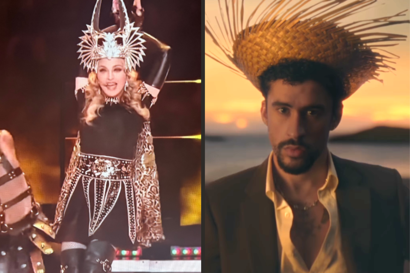 Two side-by-side performance stills showing Madonna in an elaborate silver headdress and gold costume on the left, and Bad Bunny in a wide straw hat at sunset on the right.