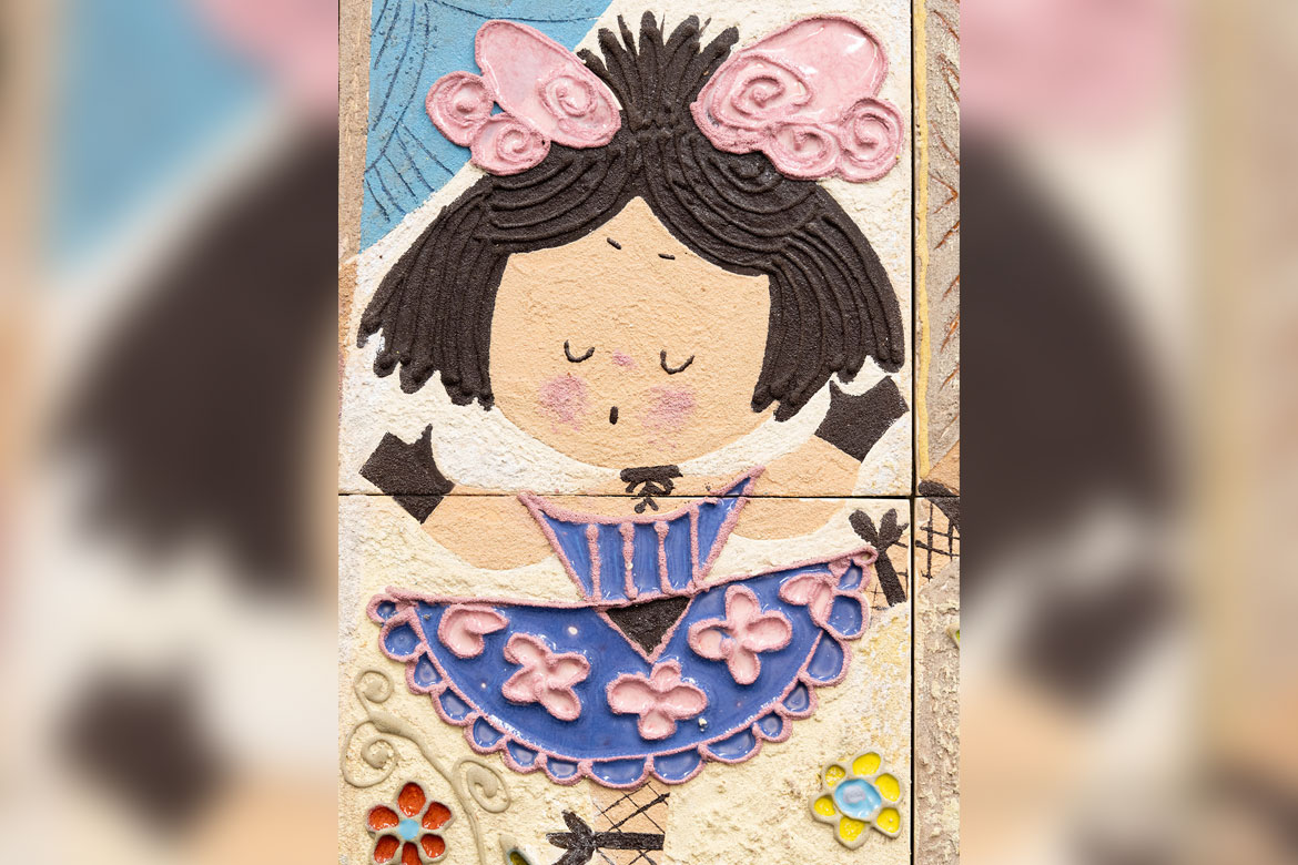 A close-up of the Mary Blair mural at the Jules Stein Eye Institute