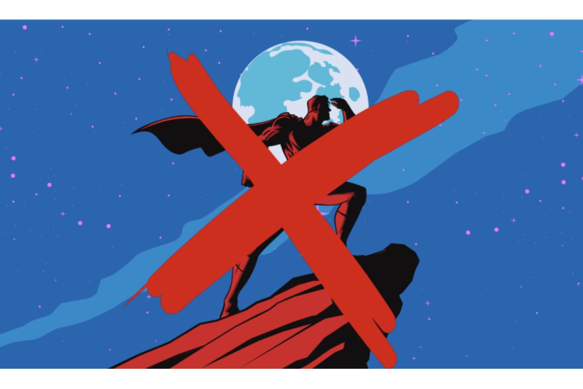 A comic book-style illustration of a caped superhero silhouetted against a large full moon and starry night sky, overlaid with a large red X.