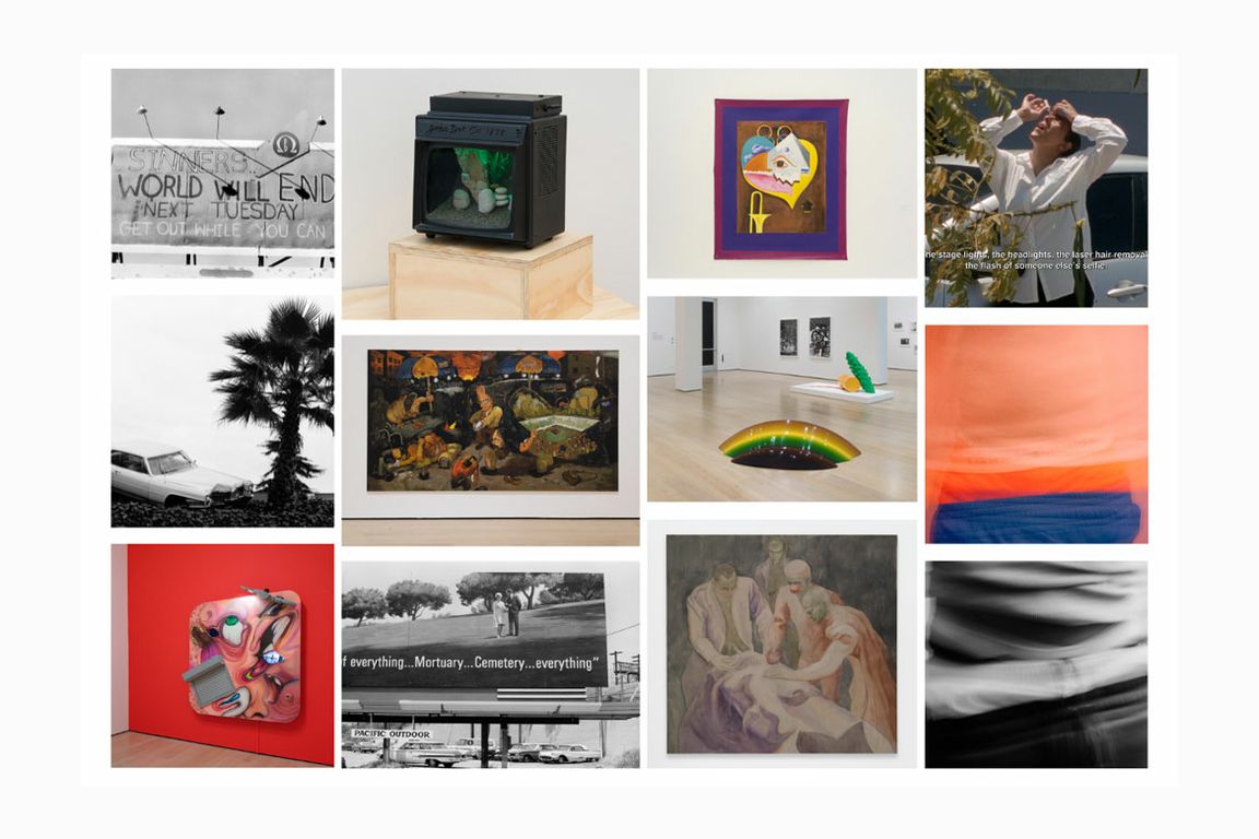 A grid of twelve diverse artworks including paintings, sculptures, photography and installation art, showcasing a range of styles from abstract and figurative to conceptual and mixed media.