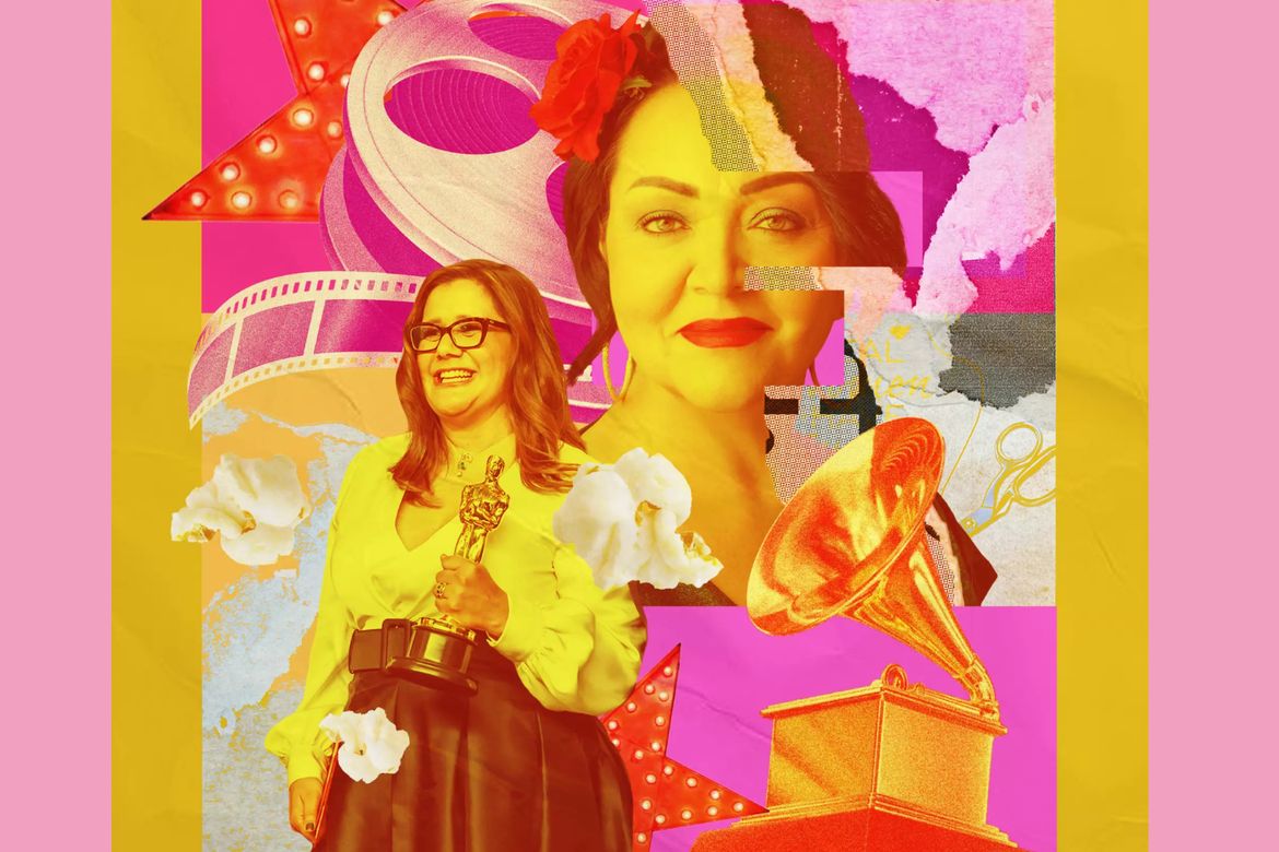 A vibrant pop-art collage illustration features a woman holding an Academy Award statuette, surrounded by film reels, marquee stars, a vintage gramophone and bold pink and gold colors, with a larger stylized portrait of the same woman in the background.