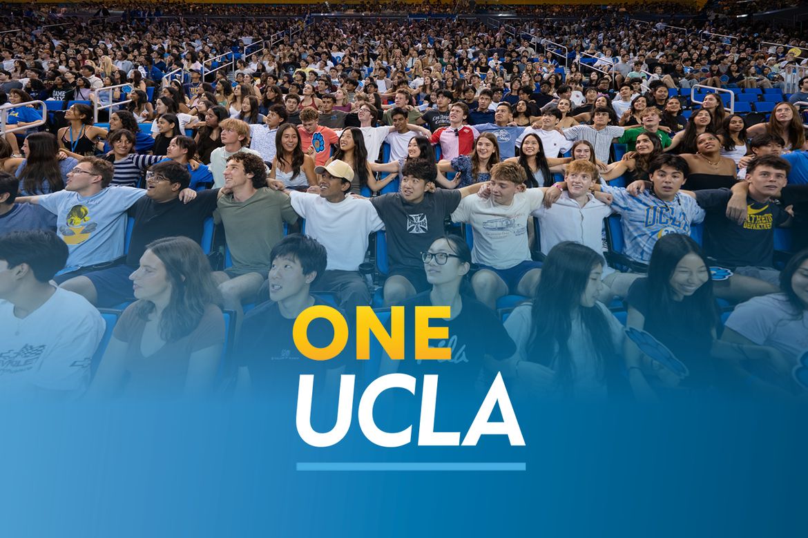 "One UCLA" overlaid on image of rows of students with arms around each other in a large venue