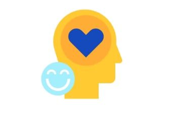 Illustration of a yellow head silhouette in profile with a blue heart inside and a small smiley face, representing mental health and wellbeing.