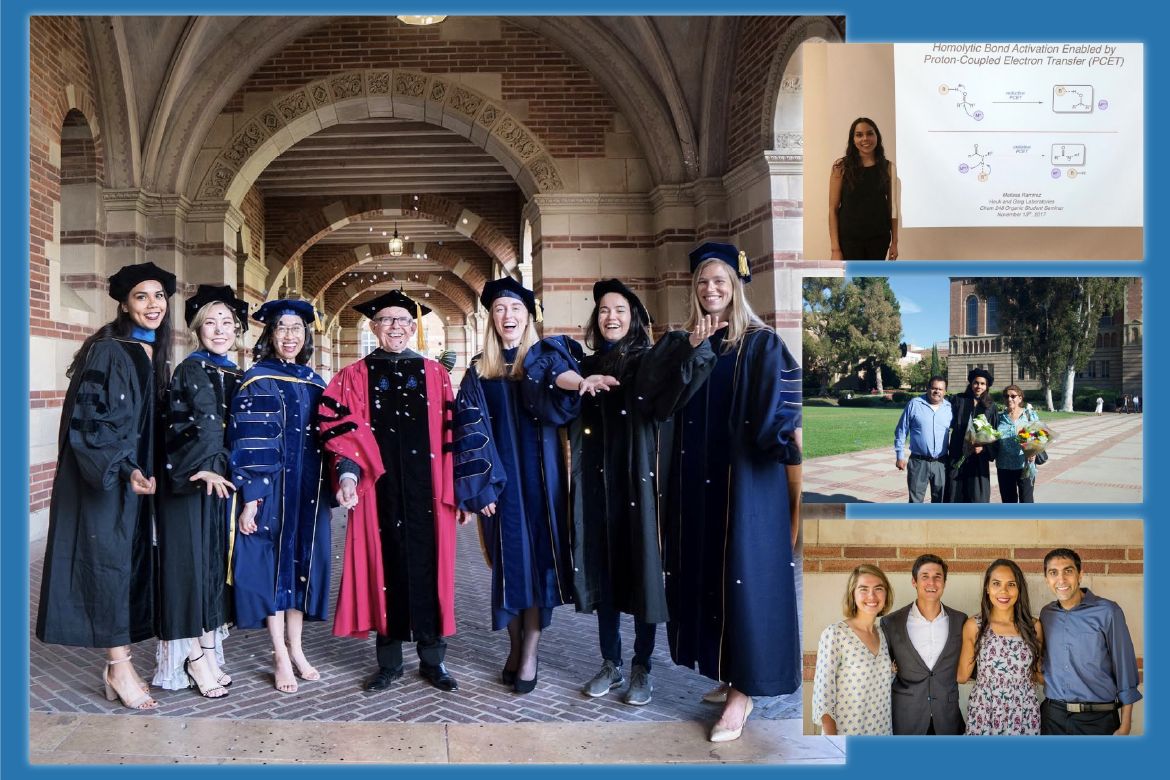 A composite of UCLA doctoral graduates posing in academic regalia under Royce Hall's arches, alongside candid photos from campus events and a student research presentation.